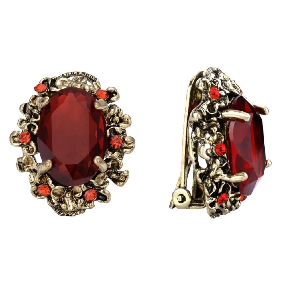 Antique Yellow Gold with Garnet Red Austrian Crystal Cameo Clip On Stud Earrings